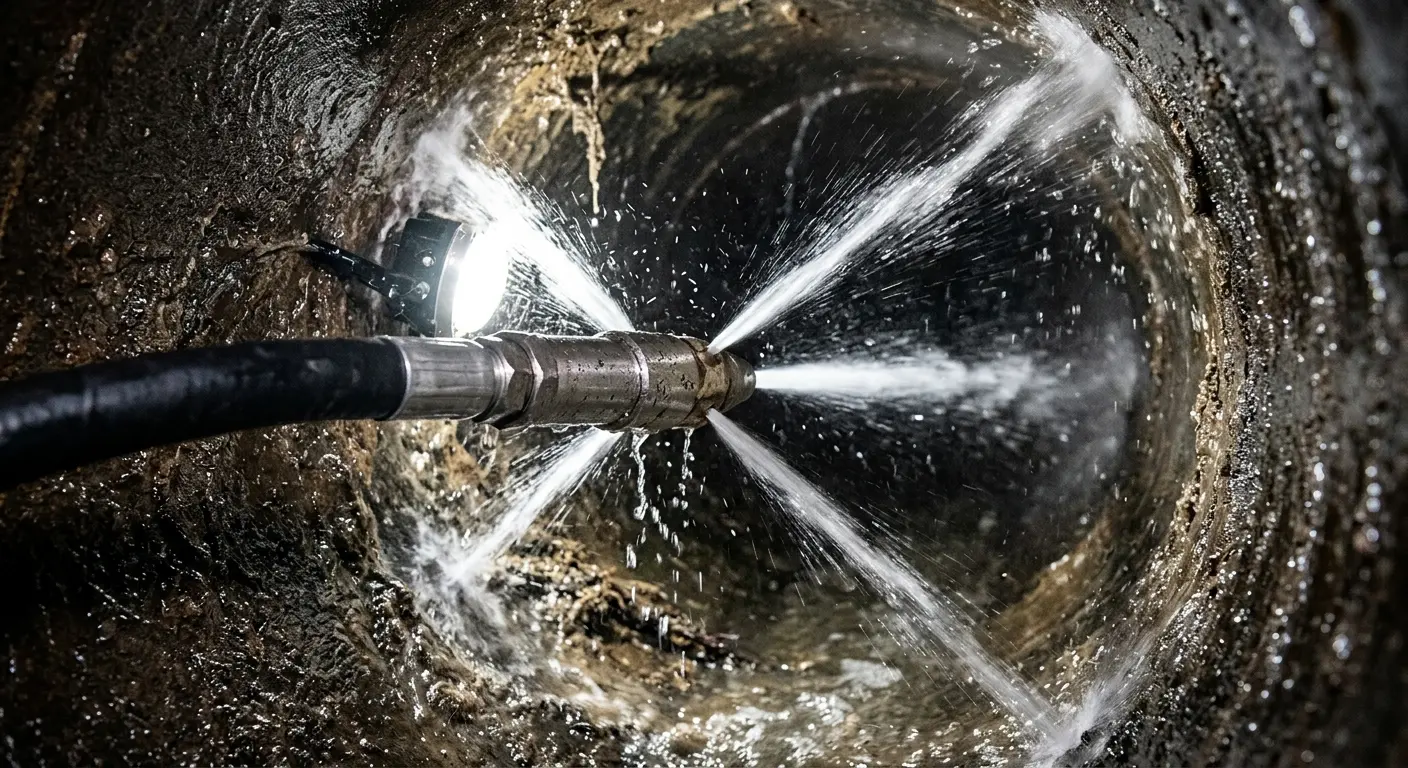 High-pressure hydro jetting nozzle cleaning sewer pipe for Emergency Drain Service in Hainesport