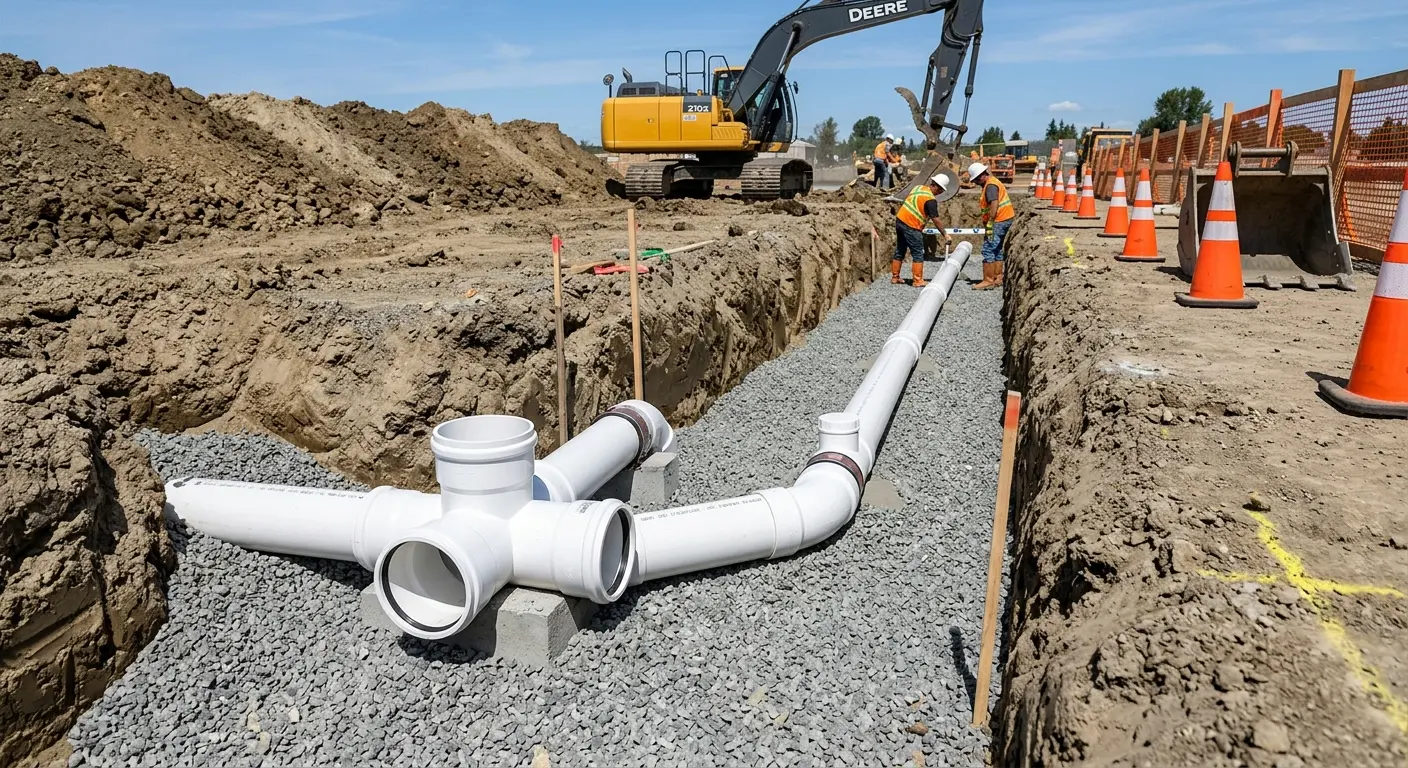 New PVC sewer pipe installation in open trench for Sewer Backup in Hainesport