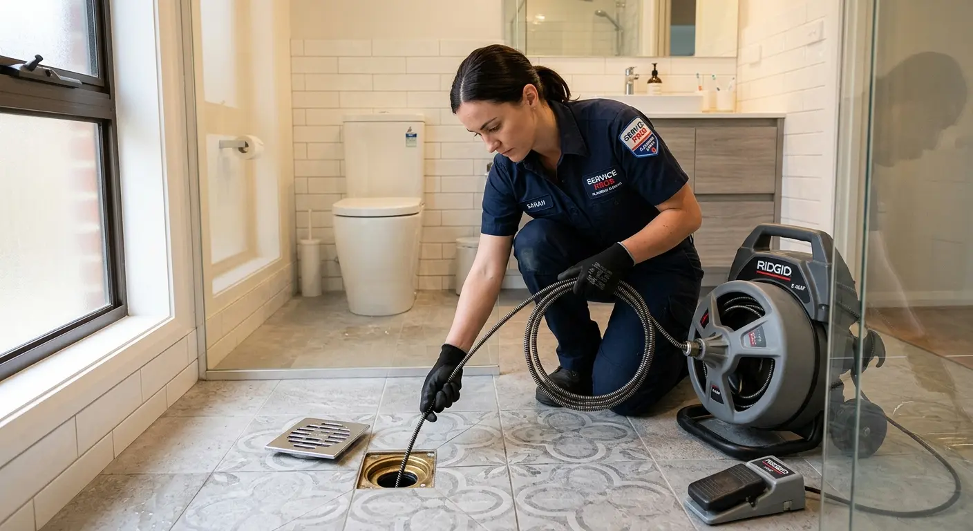 Technician clearing a bathroom floor drain for Drain Repair in Hainesport